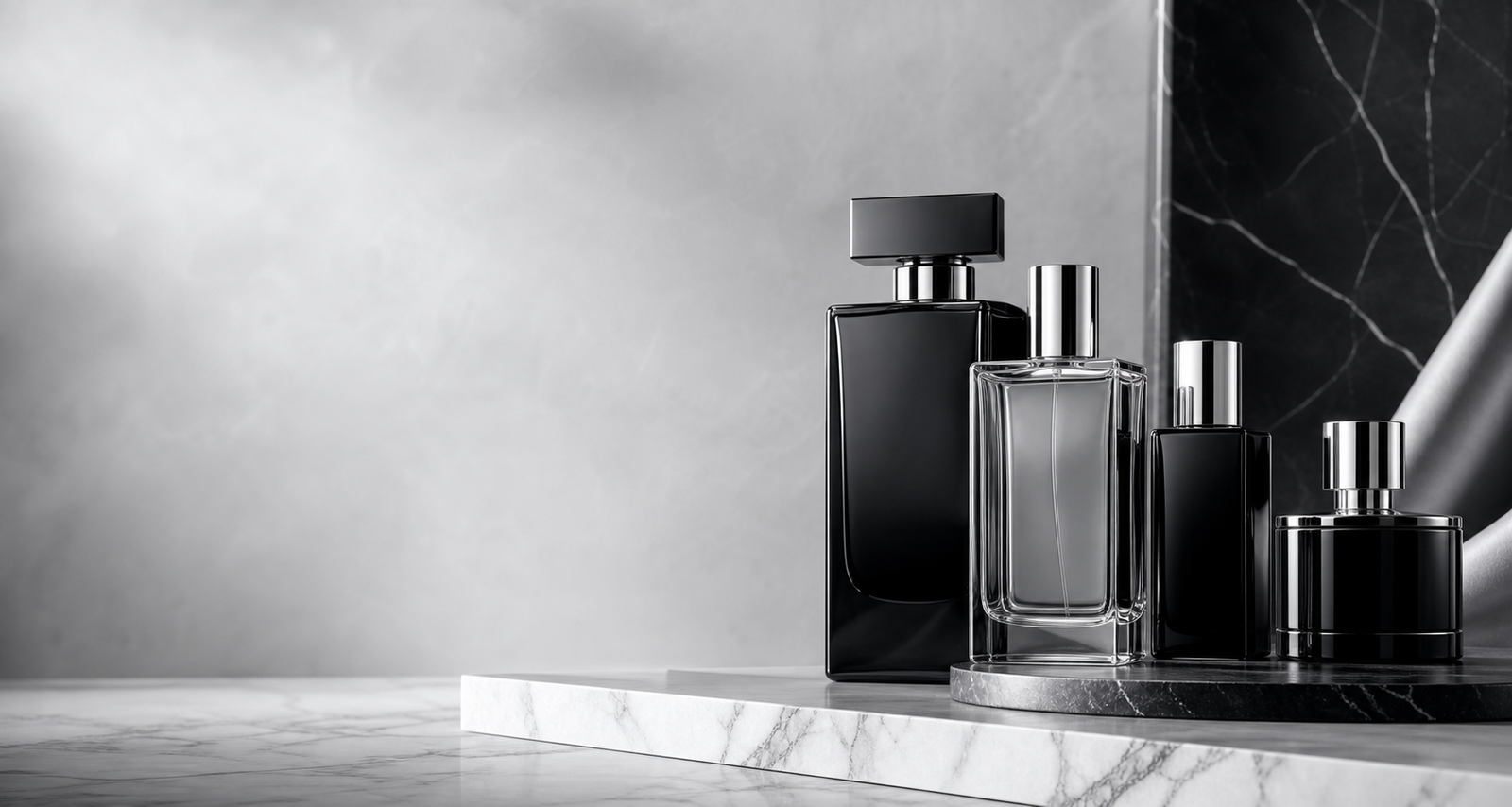 Perfumes premium em frascos pretos, transparentes e prateados